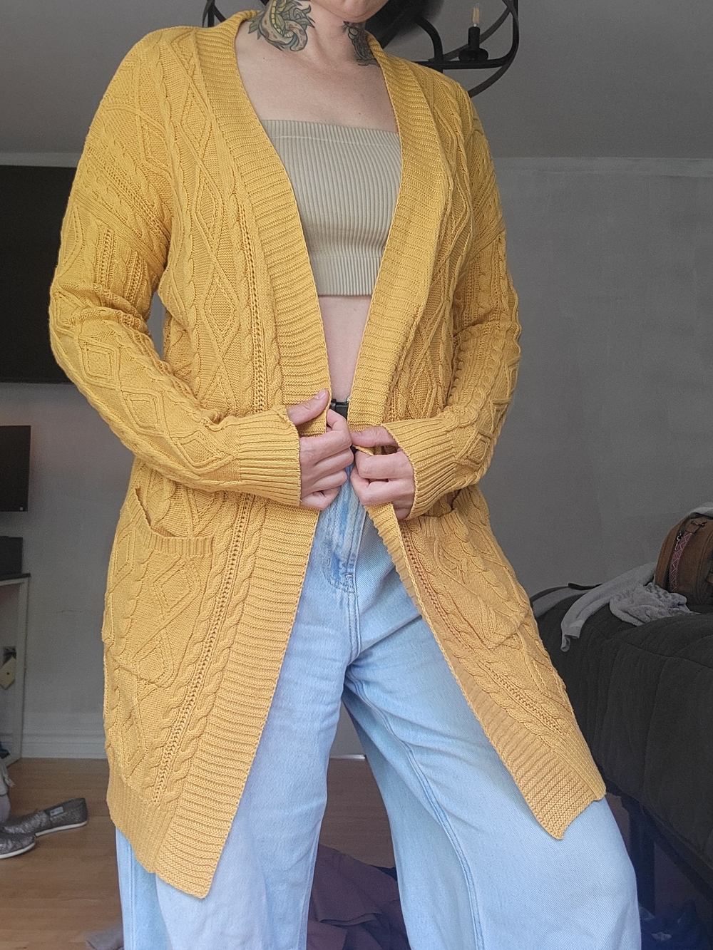 Mustard Cable-Knit Open Cardigan Sweater